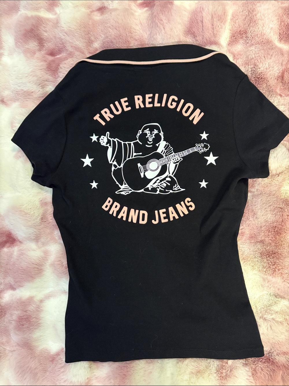 True Religion Black Tee with Pink Trim and White Back Graphic